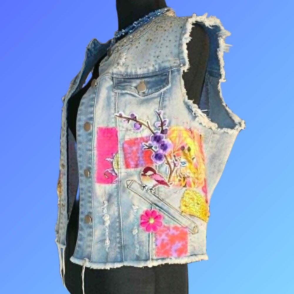Upcycled BKE Custom Denim Vest Womens Large | Rhinestone Bling & Patchwork Jean
